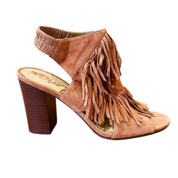 Sam Edelman Elaine suede leather fringe open toe sling back heels 8 brown BOHO - Picture 1 of 9